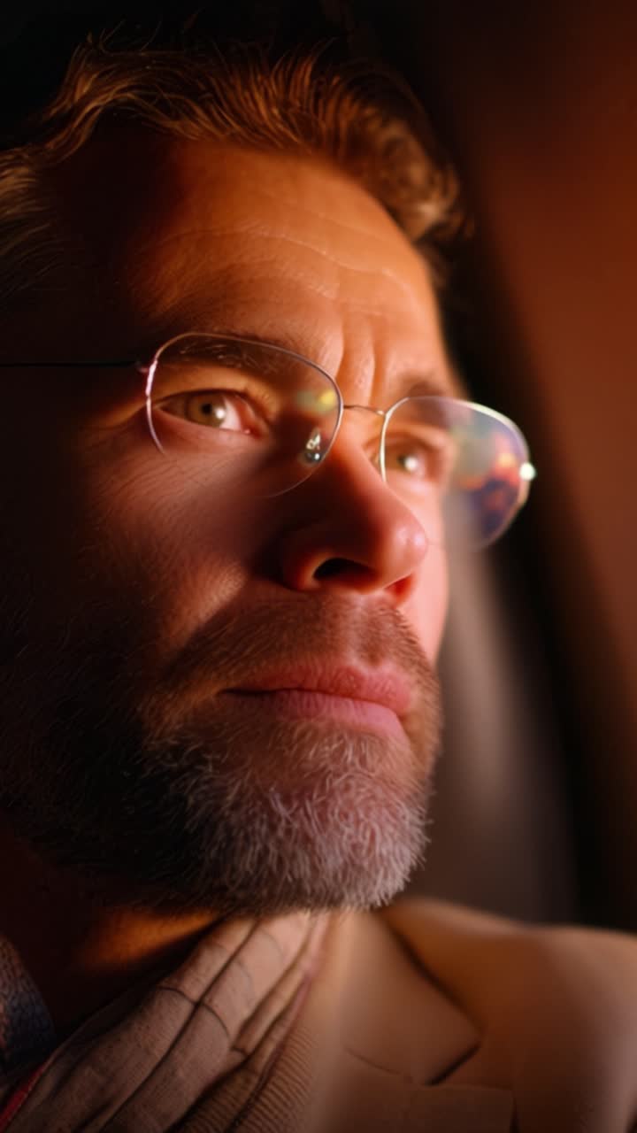 Contemplative Moments: A Reflection on Life's Journey Seen Through a Thoughtful Man's Eyes, Illuminated by Warm Light and Surrounded by the Serenity of Travel