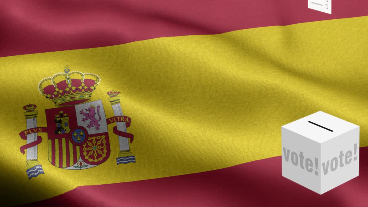 las papeletas de votación vuelan a la caja para la selección de españa - caja de votación frente a la bandera - elección - voto - bandera de españa - bandera de espanya de alto detalle - bandera nacional de españa patrón de ondas elementos en bucle - textura de tela y bucle sin fin