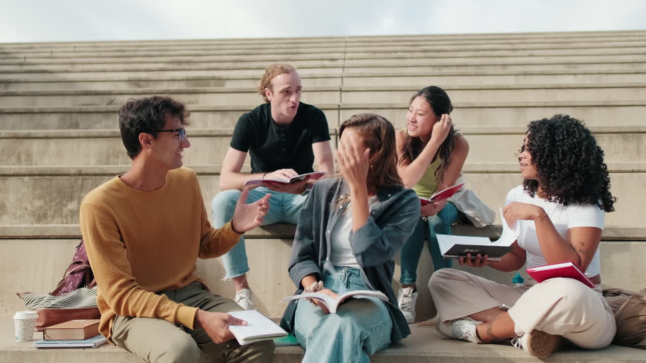 Close up view of the group of happy students with study items is sitting on the