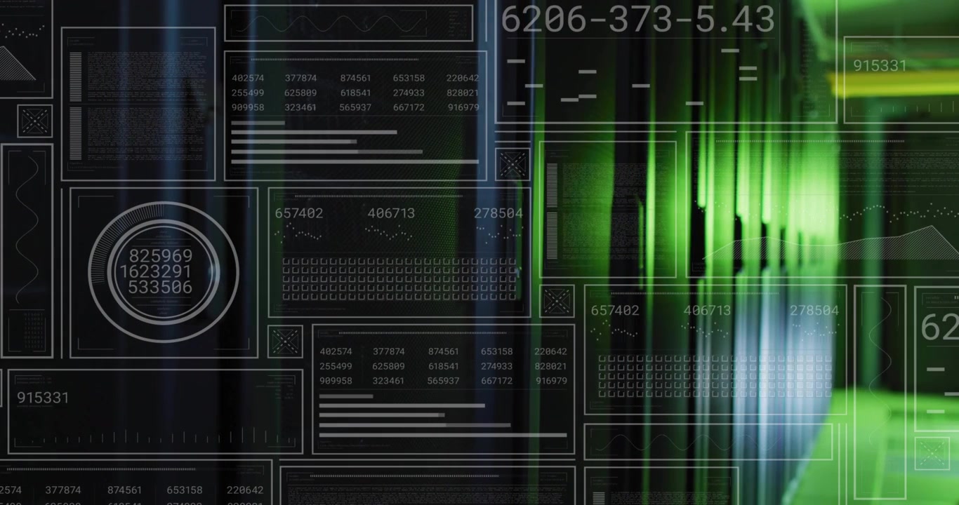 Camera dollying forward, HUD panels sliding in, numbers updating, green data center racks pulsing