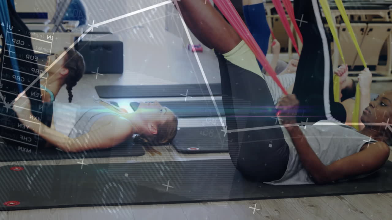 Exercising with resistance bands, people with geometric shapes and lines overlay