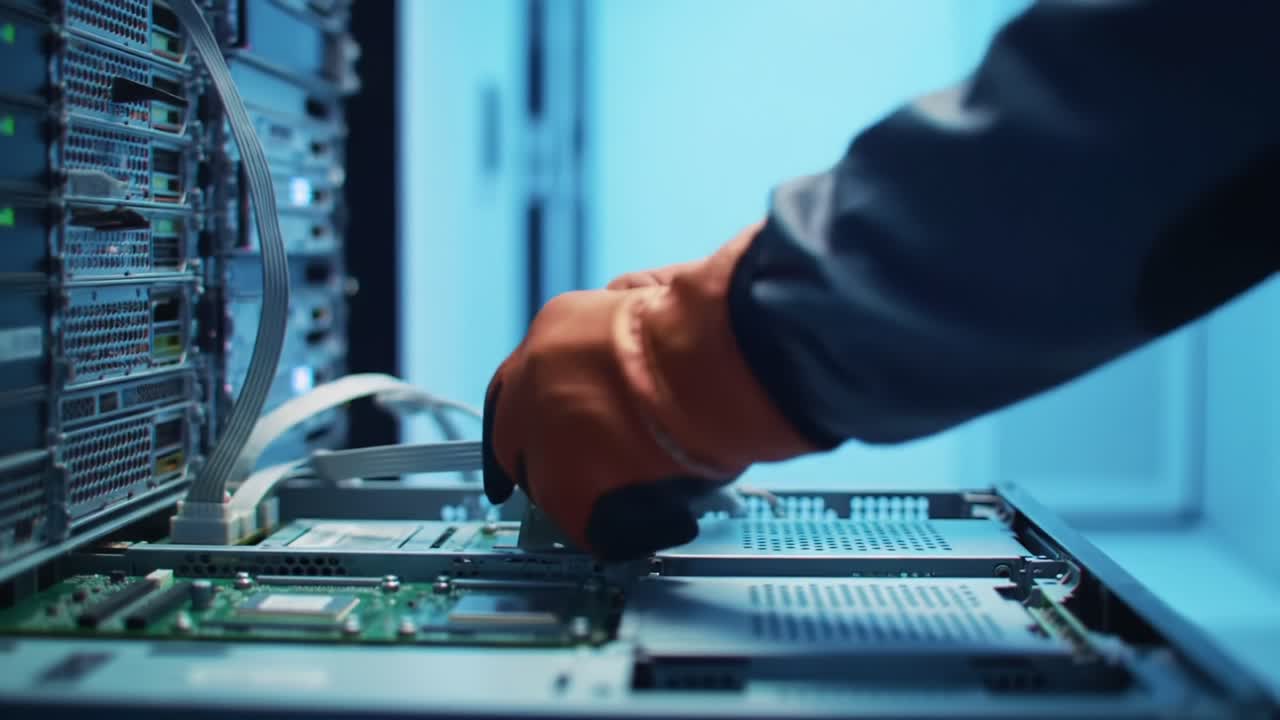 Technician Performing Maintenance on Server Hardware with Cables and Circuit Boards, Focused on Efficient Data Processing and Electrical Connectivity in a Modern Data Center Environment