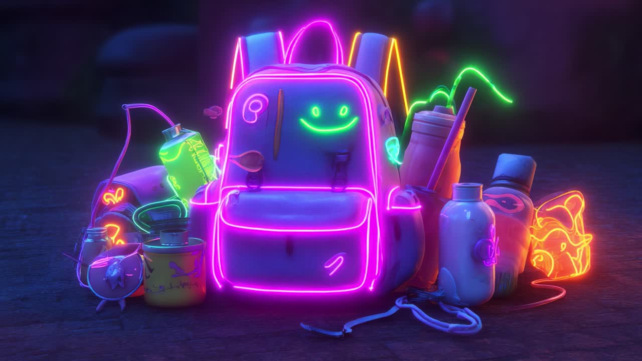 A Vibrant Neon Backpack Surrounded by Colorful Items Glow in the Dark, Showcasing a Playful, Fun Atmosphere Filled with Whimsical Accessories and Unique Designs