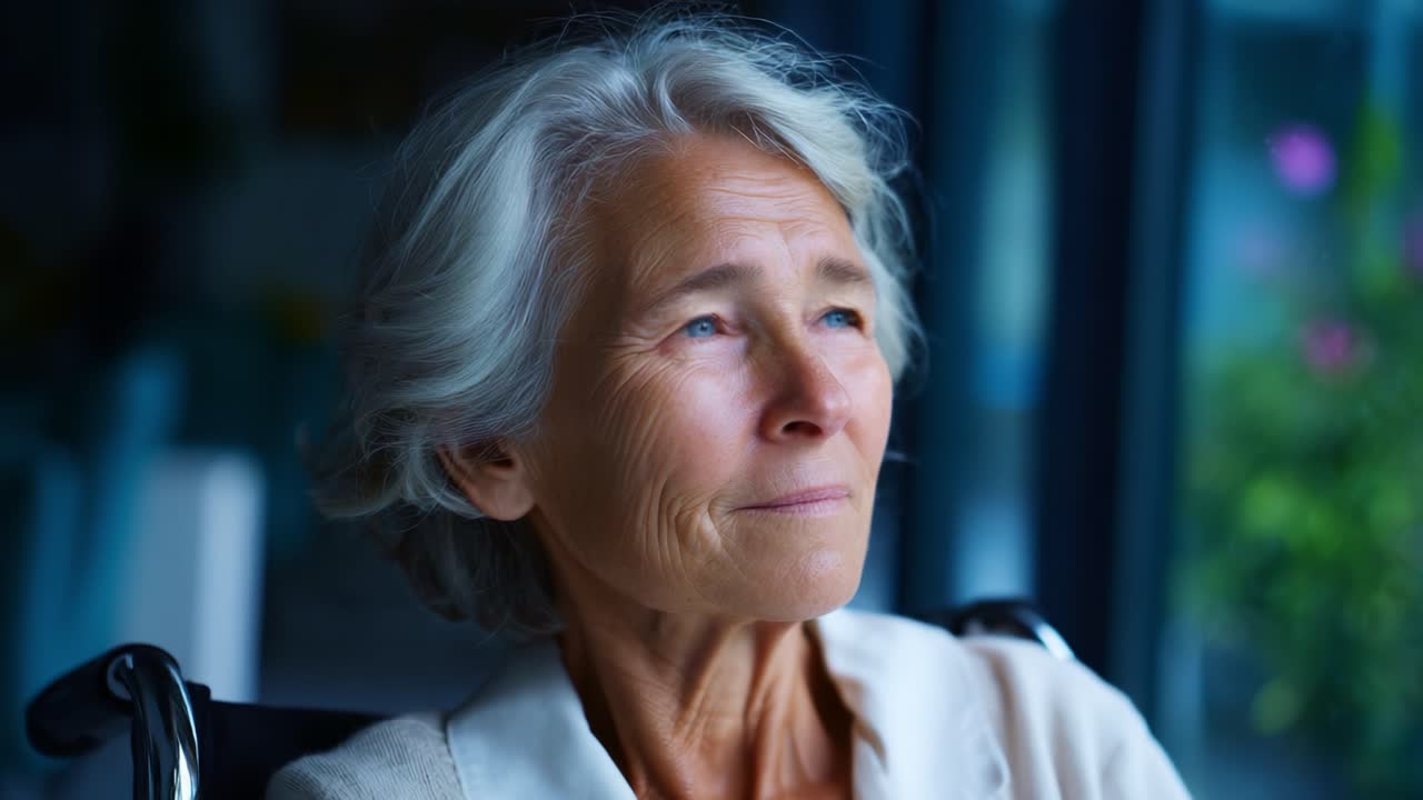 Contemplative Woman in Wheelchair Gazes with Hope and Serenity in a Softly Lit Indoor Environment, Emphasizing Wisdom and Inner Peace in Life's Journey