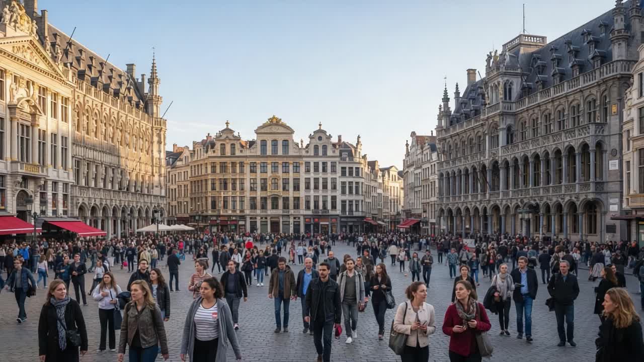 Bustling Grand Place in Brussels with Tourists and Locals