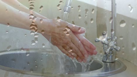 animation of woman washing hands under a tap at a sink