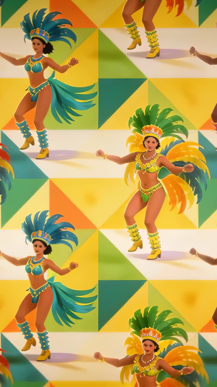 Video verticale: Vista panoramica che mostra ballerini che si muovono su un murale in costumi con perline, creando movimento