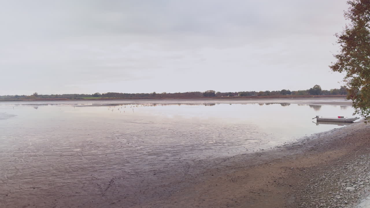 A calm view of La Gabrière pond in France known for traditional fish farming in autumn.