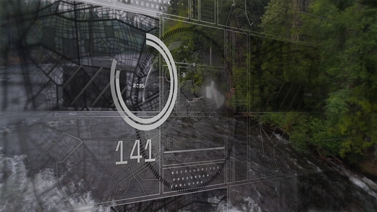 Data processing animation over aerial view of river and forest landscape