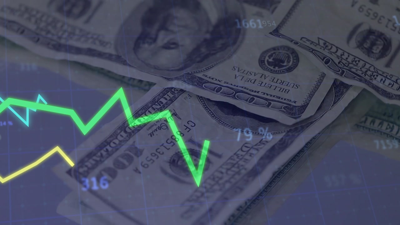 $100 bills being animated on blue grid, chart lines tracing, numbers rising showing market trend