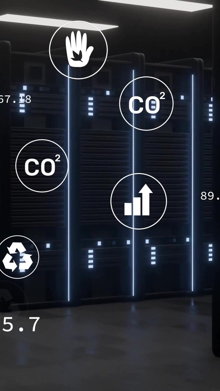 Animation af databehandlingsikoner, der overlejrer statistik i et serverrumsmiljø.