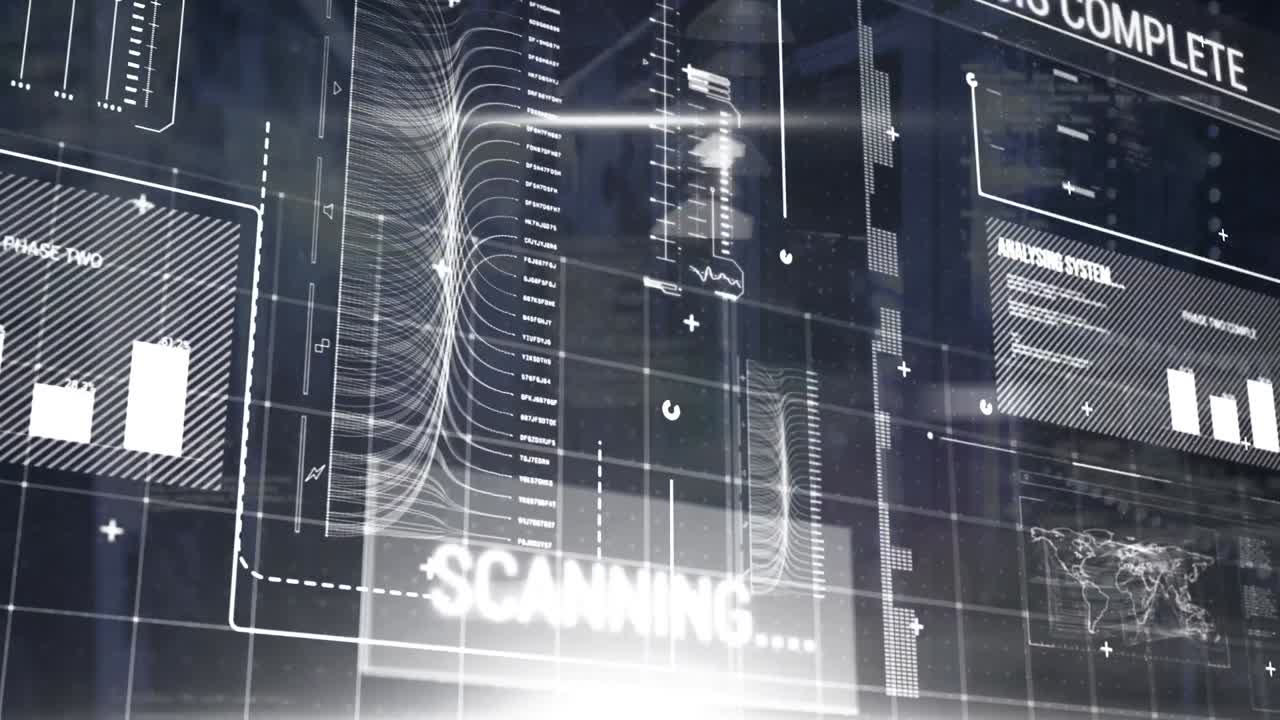 animazione di dati infografici con grafici, scansione della mappa del mondo su interfaccia digitale