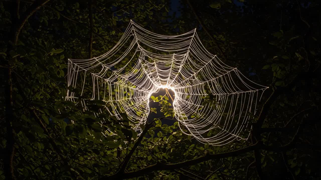 A Captivating Glow: The Intricate Beauty of a Spider Web Illuminated Under Moonlight Amongst the Trees, Showcasing Nature's Artistry and Design