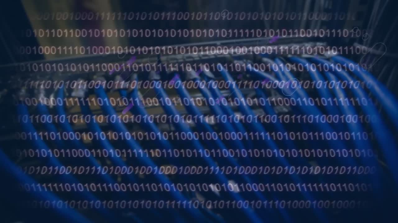 animación del procesamiento de datos y líneas púrpuras sobre el servidor