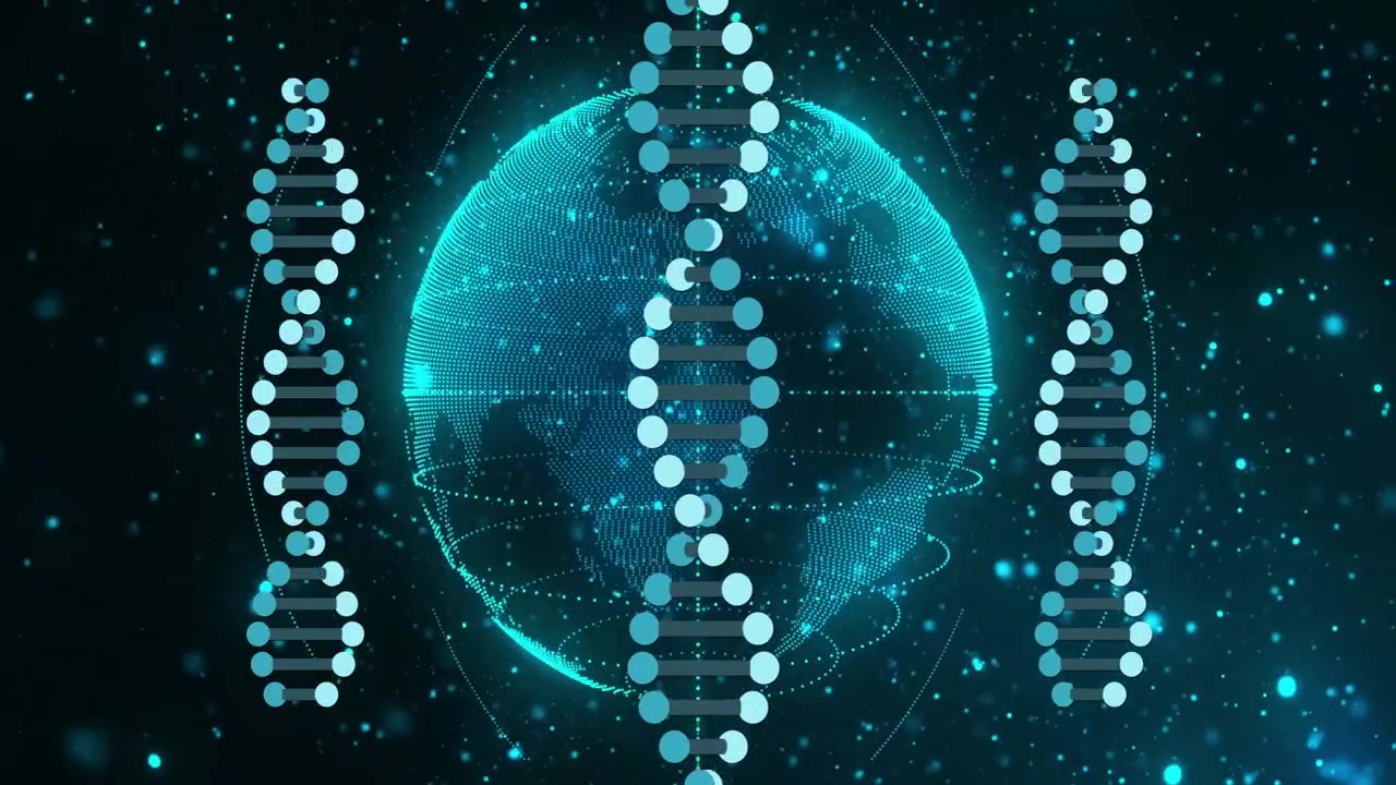 Globe glowing and rotating, DNA helix emerging and sliding down, specks pulsing, showing genomics