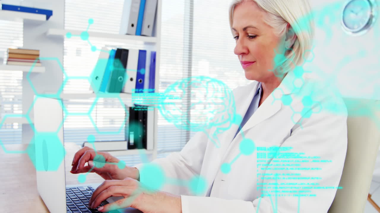 Animation of medical data processing over caucasian female senior doctor using laptop at hospital