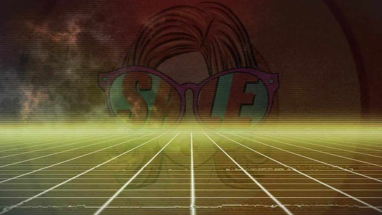 animación de mujer con gafas y venta en fondo digital