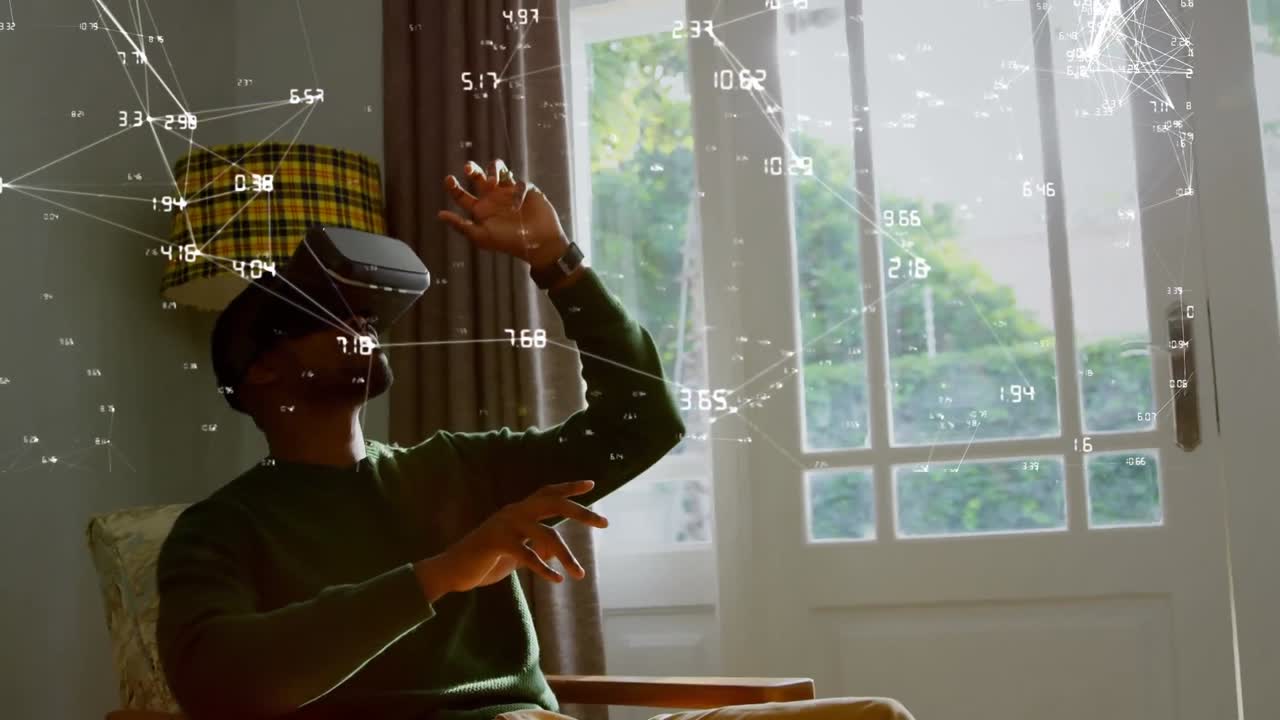 Animation of network of connections and data processing over man in vr headset