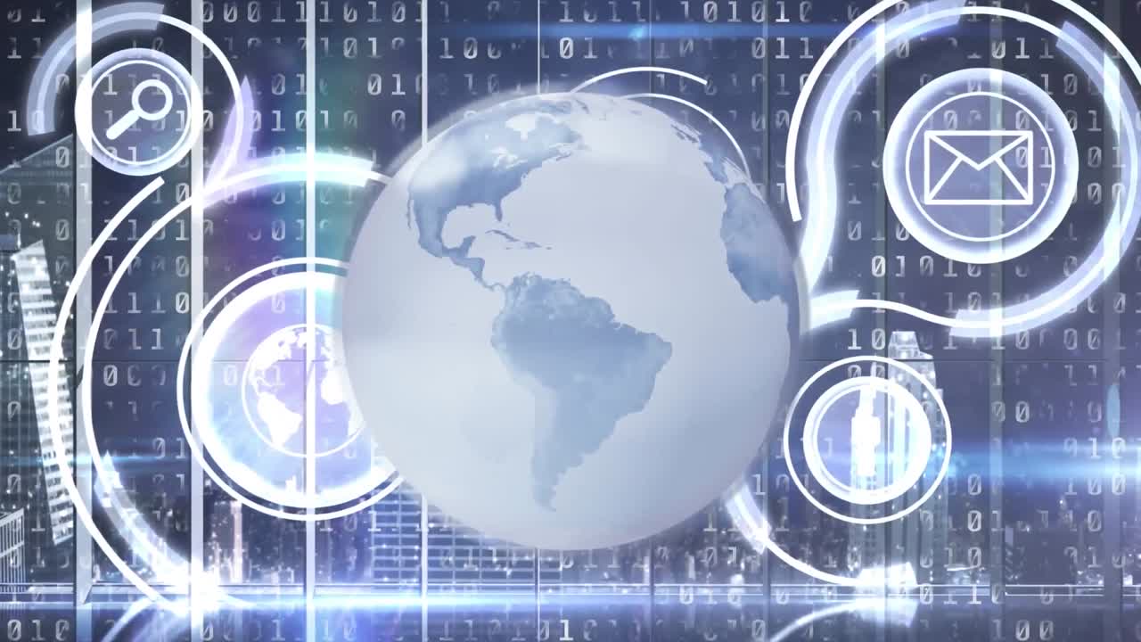 기술 아이콘과 데이터 및 정보로 회전하는 지구의 애니메이션