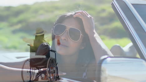 overlay of person in wheelchair with woman in sunglasses sitting in car animation