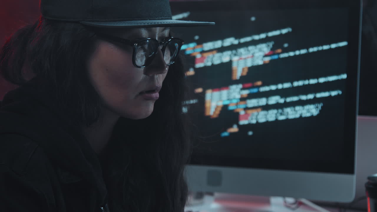 Female Hacker Working in Dark Office