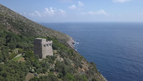 Mediterranean-aerial-orbits-tourist-attraction-on-exposed-hillside