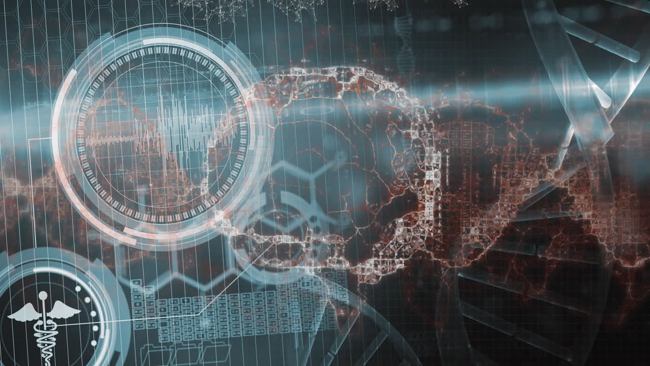 dna 가닥의 애니메이션과 인간의 뇌가 스 ⁇  스캔을 통해 회전합니다.