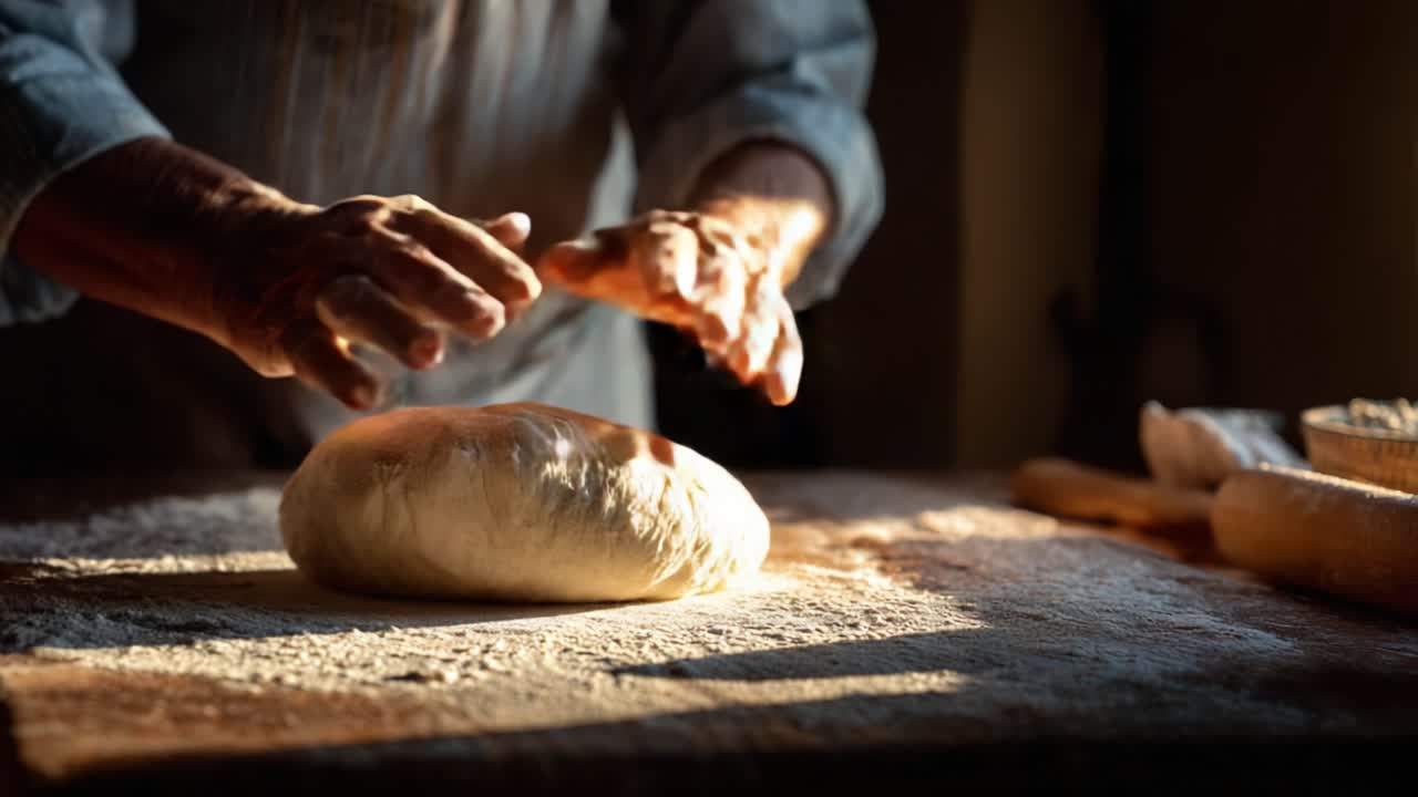 A Passionate Baker Skillfully Kneading Dough in Soft Light, Showcasing the Art of Bread Making and the Craftsmanship Involved in Creating Delicious Freshly Baked Goods from Scratch