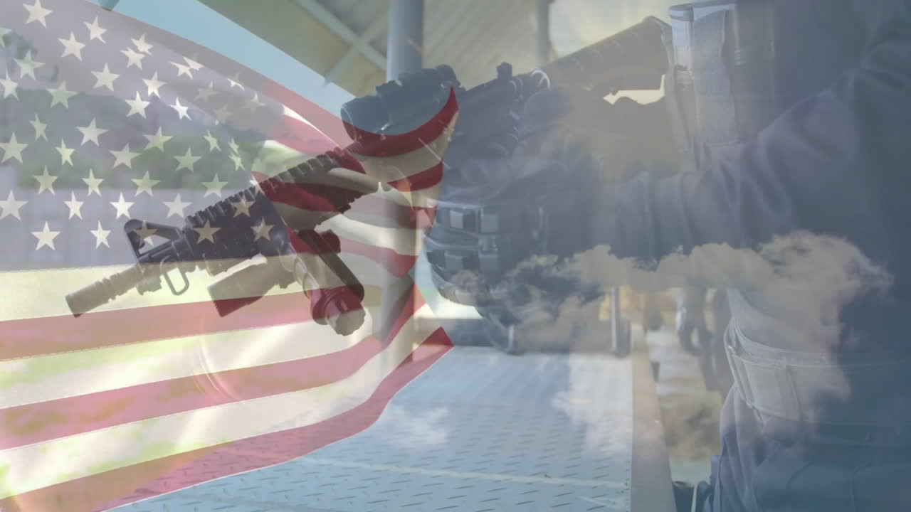 Waving American flag over soldier holding rifle, symbolizing military strength animation