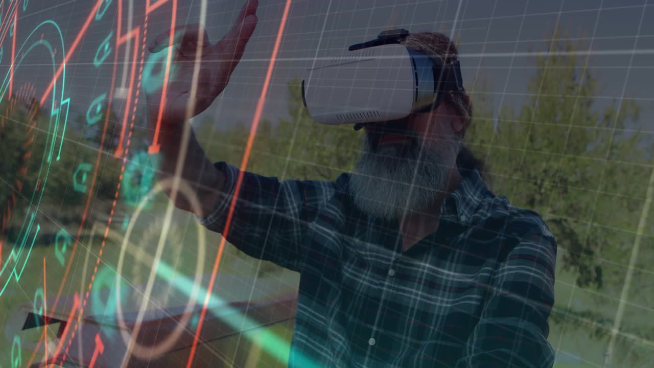 escaneo de alcance de neón sobre la red de red contra un hombre mayor caucásico que usa auriculares vr mientras conduce