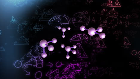 animación de macro de moléculas y procesamiento de datos matemáticos en fondo púrpura