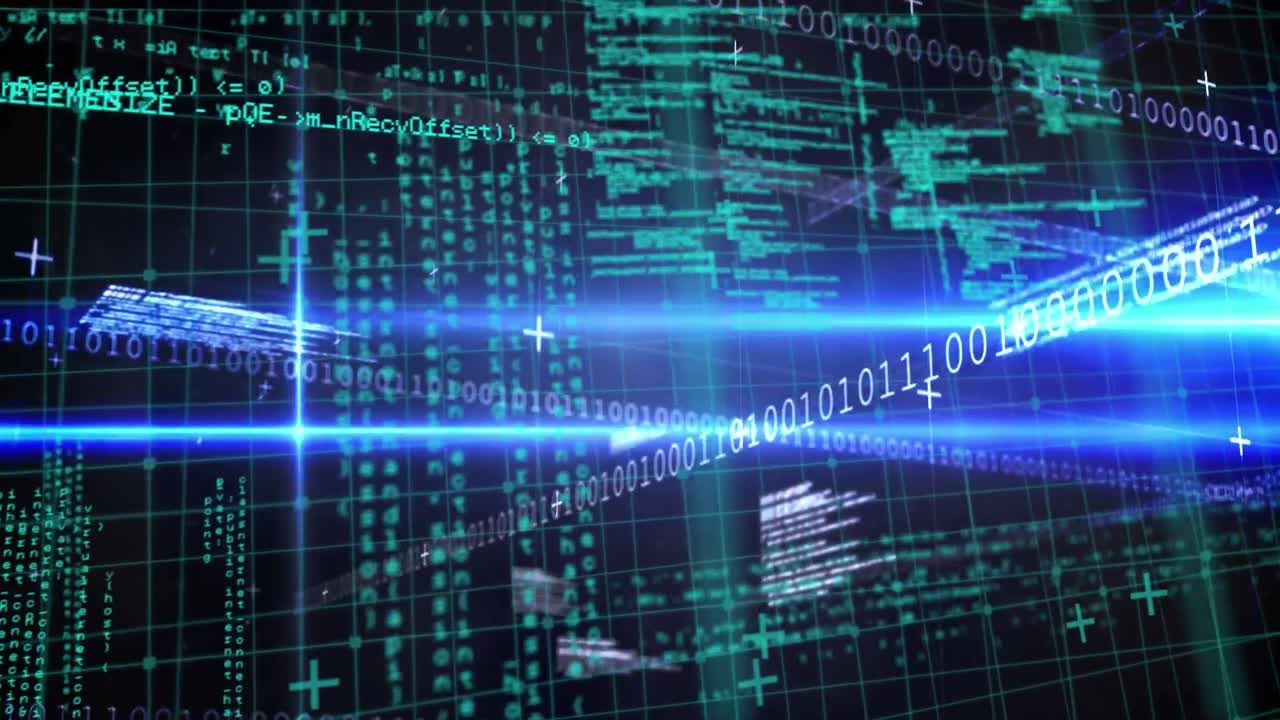 Animation of science data processing over dark background