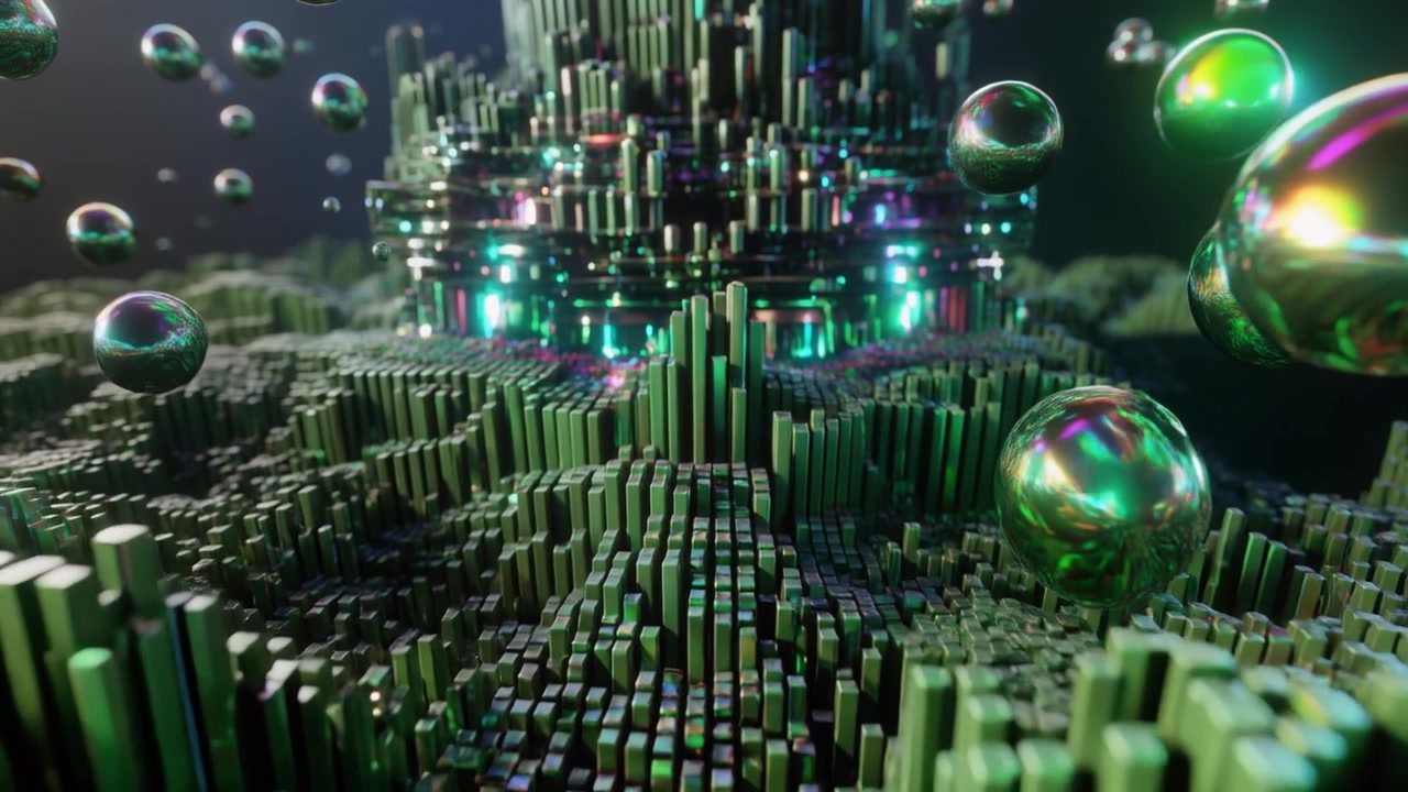 Abstract 3D Digital Landscape with Floating Metallic Spheres