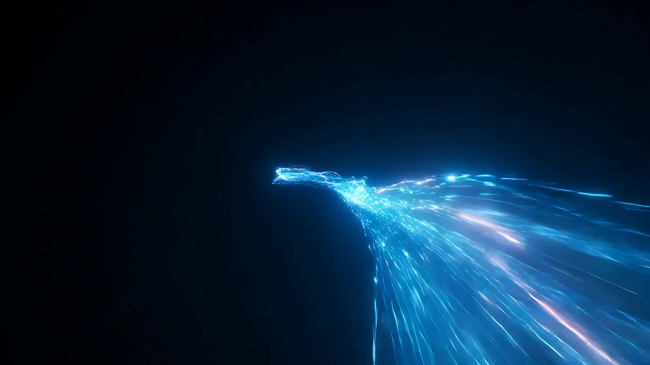 Nucleo emergente che si espande in una forma di energia nel vuoto, inviando code a nastro che mostrano movimento.