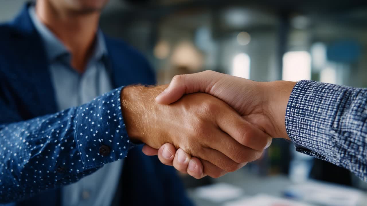 Two Business Professionals Engaging in a Firm Handshake in a Modern Office Setting, Signifying a New Partnership or Agreement Between Them as the Key Moment of Connection is Captured