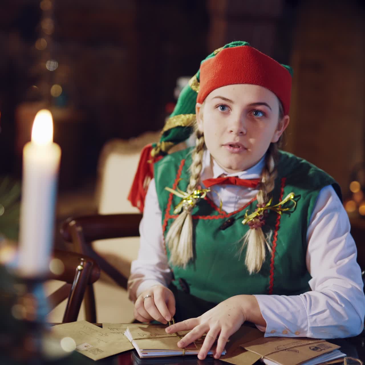 A jolly elf looks through a stack of envelopes with wishes and happily dances against the background of candles and a fireplace in the room. Mail for Santa Claus