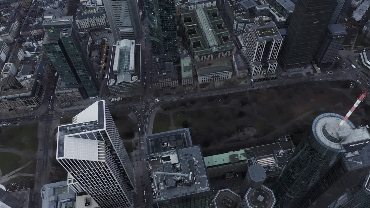 Sobrevoo de uma fileira de arranha-céus ao longo de um parque. Vista aérea de edifícios altos e vegetação na cidade. Frankfurt am Main, Alemanha.