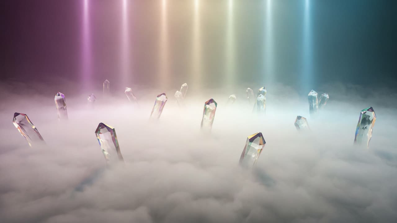 A Breathtaking View of Ethereal Crystals Emerging from a Dreamlike Cloudscape Illuminated by Soft, Colorful Light Rays in a Magical Atmosphere