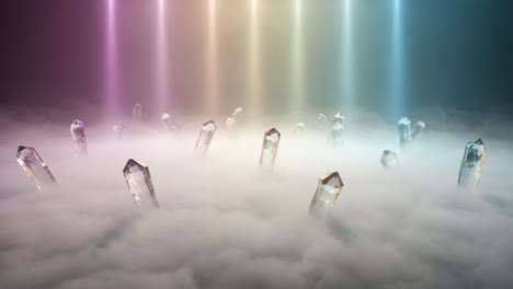 a breathtaking view of ethereal crystals emerging from a dreamlike cloudscape illuminated by soft, colorful light rays in a magical atmosphere