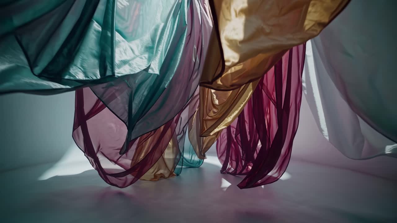 Flowing colorful fabrics gracefully dance in the air, creating a mesmerizing visual spectacle, showcasing the beauty and elegance of movement in a dynamic scene