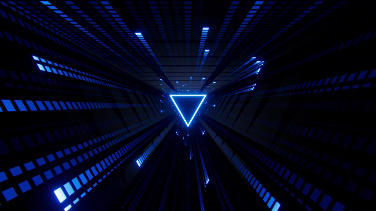 Tunnel triangolare blu neon futuristico fantascientifico con scie di luce digitale