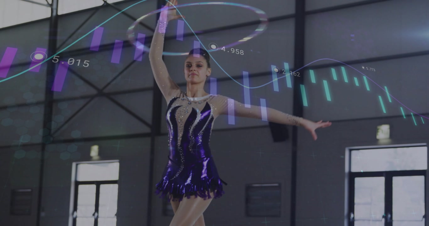 Teen rhythmic gymnast seated grabbing hoop pulling rising turning balancing competing data overlay