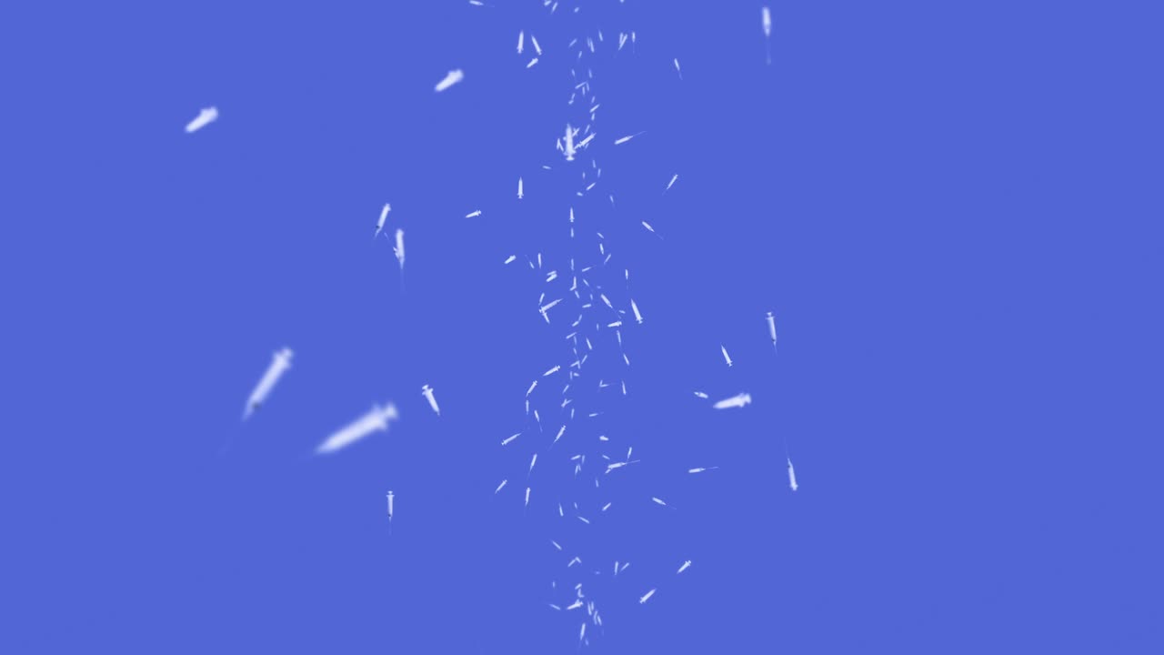 파란색 배경에 주사 할 수 있는 많은 주사기를 날리는 의료 개념 바이러스에 대한 백신 의료 치료 3d 루프 애니메이션