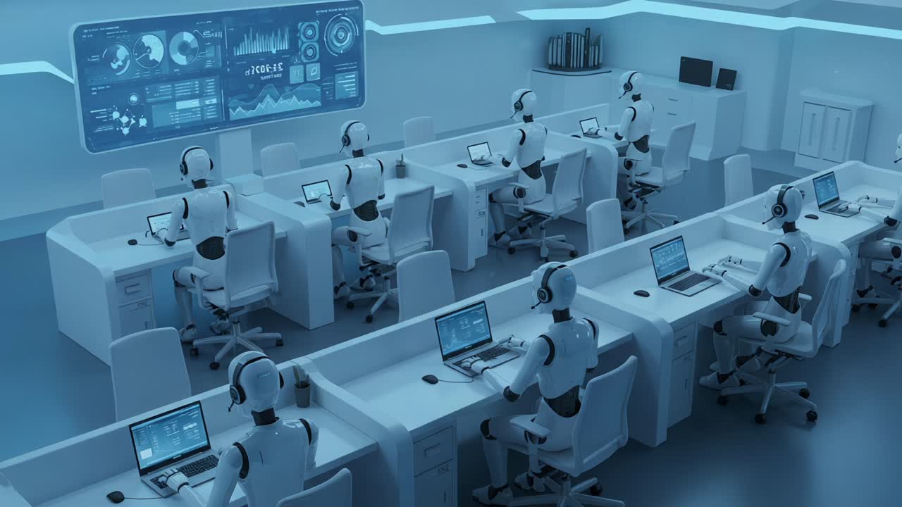 Futuristic Workspace with Robots Engaged in Data Analysis and Control Operations, Showcasing Advanced Technology and Digital Interaction in a Modern Environment