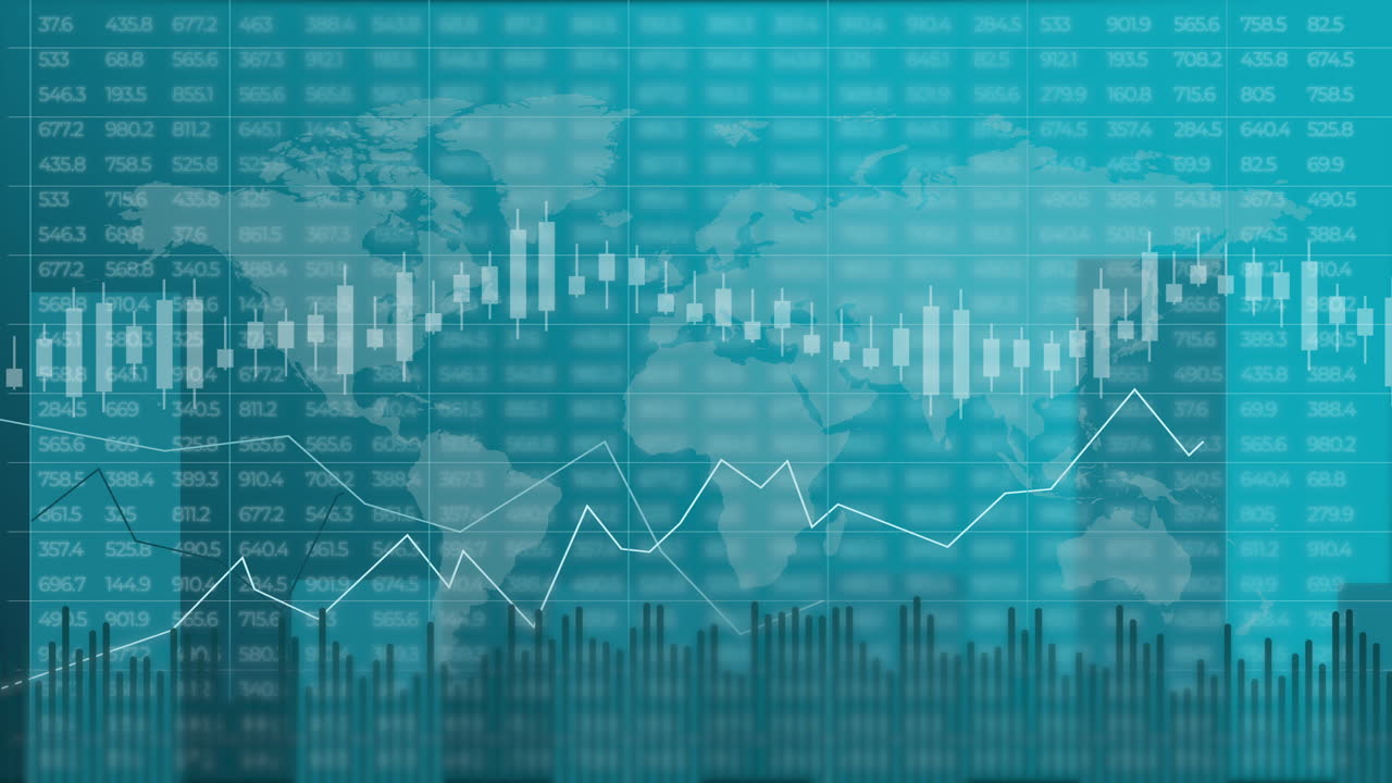 Blurred background for business presentation with world map. Blue animation of graphs and charts with variable numbers. Looped motion graphics.