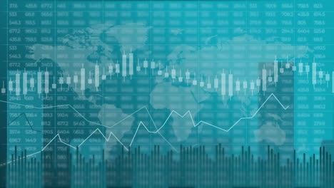 blurred background for business presentation with world map. blue animation of graphs and charts with variable numbers. looped motion graphics.