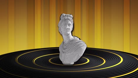 Animation-of-distorting-female-classical-sculpture-bust-on-black-and-gold-rings-with-gold-background