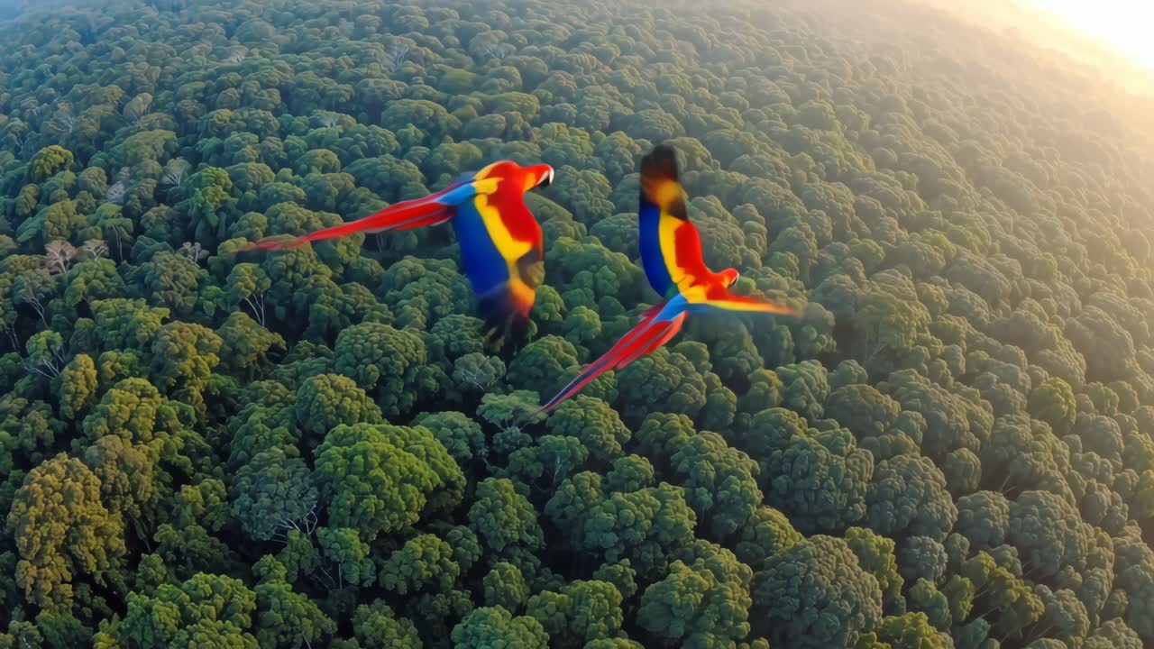 Aerial video shot of two vibrant parrots soaring over a lush, dense forest