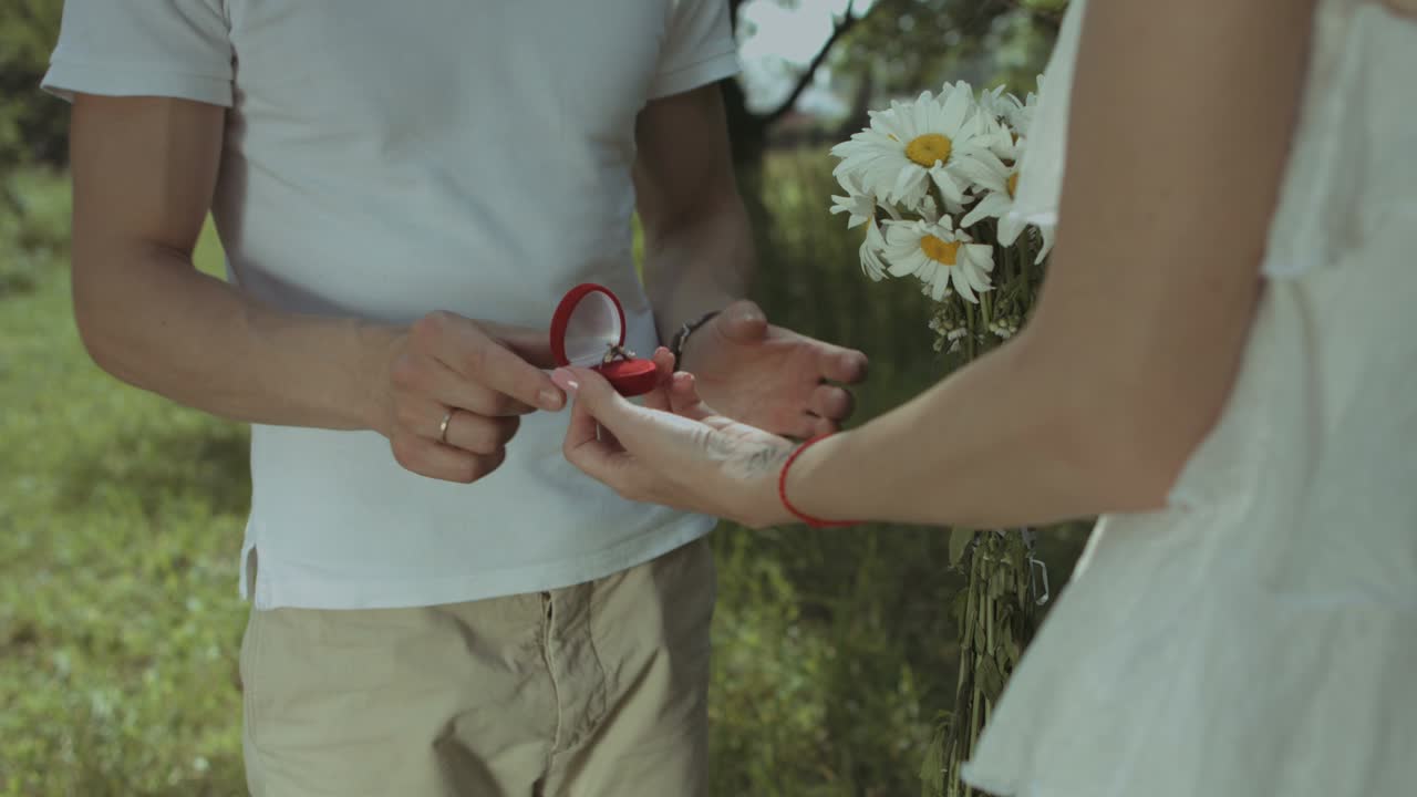 Loving man giving engagement ring to beloved woman