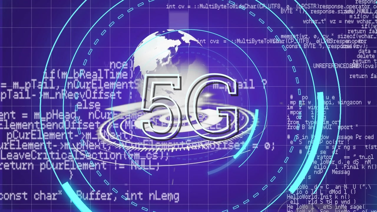 Animation of 5g, globe and data processing over violet background